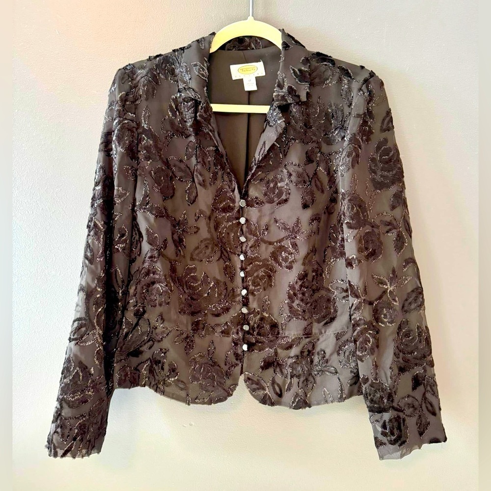 TALBOTS Black Velvet Shimmer Blouse Size 10 Petite Formal Evening Jacket Floral
